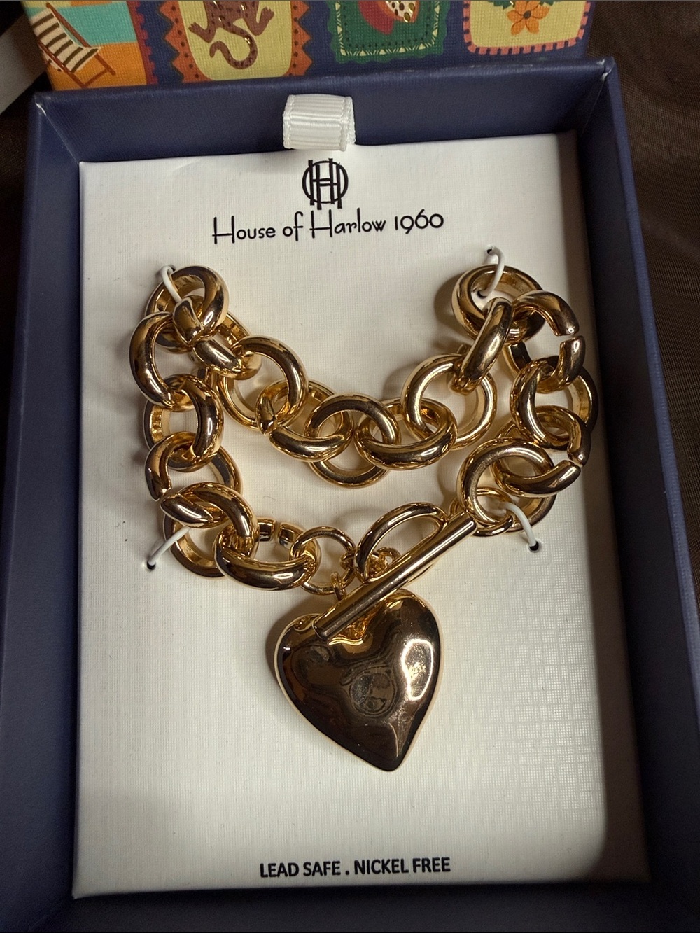 #212–House of Harlow 1960 Gold Chunky Heart Toggle Bracelet